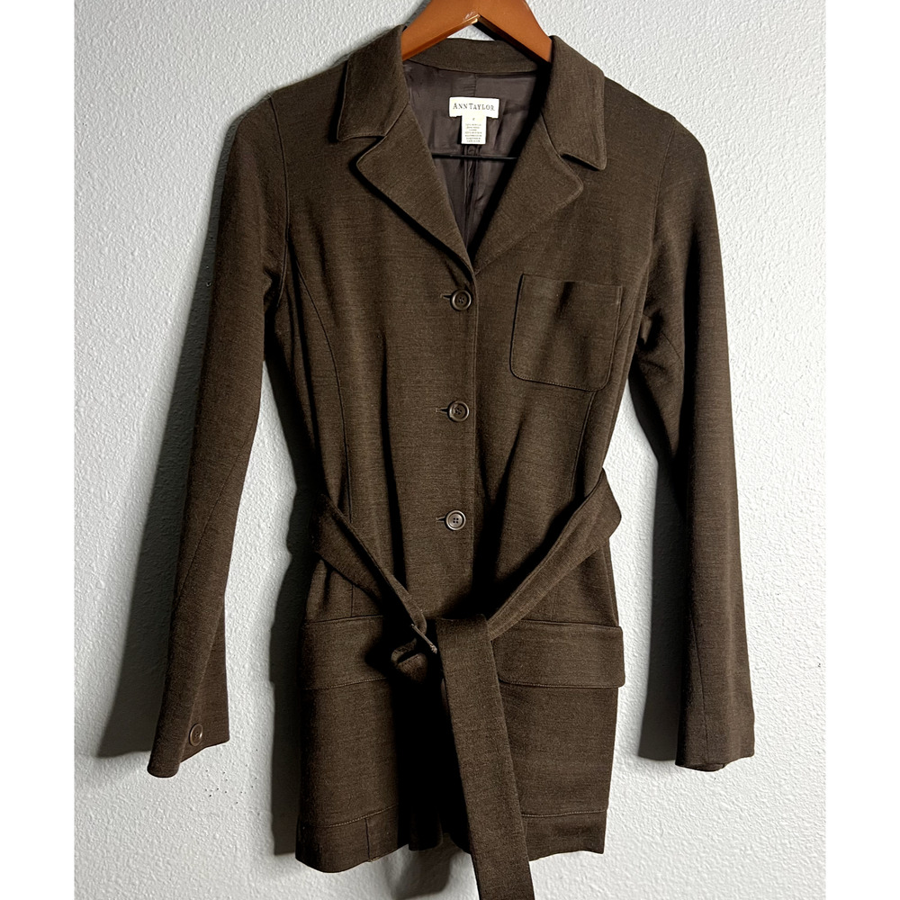 Ann Taylor Women Size 2 Brown Button Up Wool Blend Pea Trench Coat Classic Fall